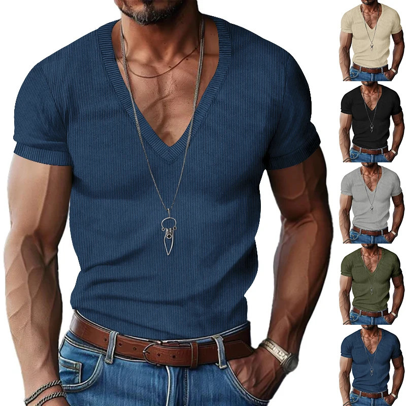 Mens corduroy T European and American summer mens clothing V-neck solid color slim fit casual T-shirt short sleeved top 250813