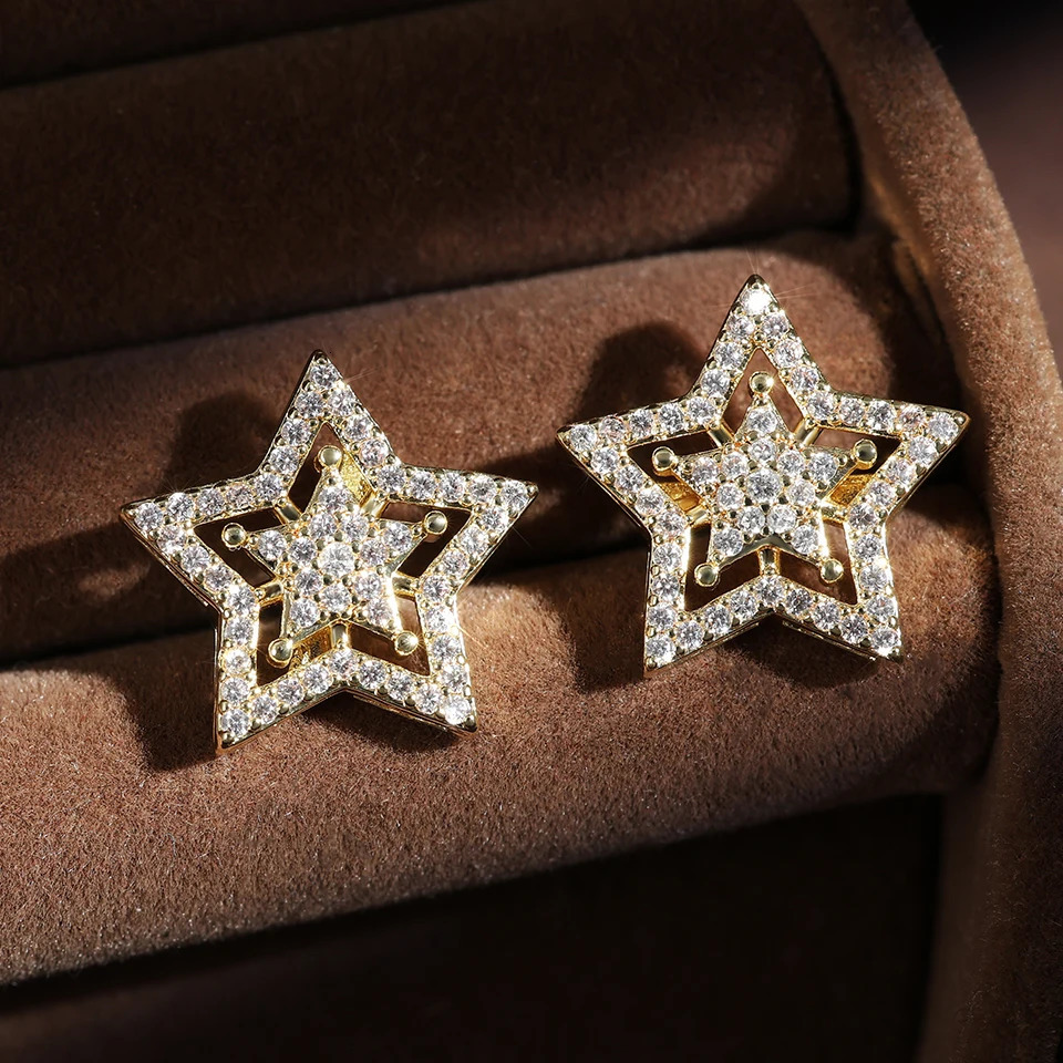 Fashion Hollow Five-pointed Star Cubic Zirconia Earring Men Gold Color Copper Metal Couple Earrings Party Daily Jewelry 250812