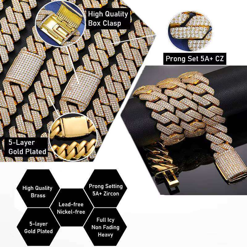 20mm Link Chain Gold Plated Brass CZ Dia Iced Out Cuban Necklace for Men