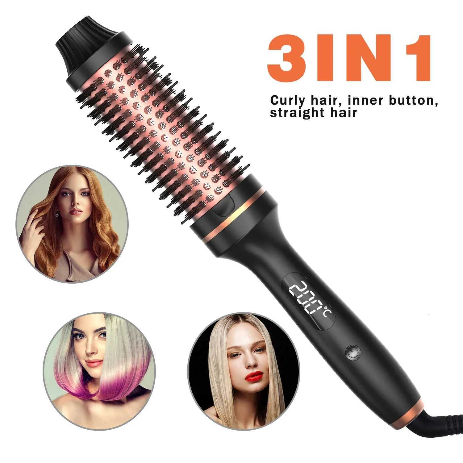 3 in 1 Heating Curling Iron Ceramic Heated Round Brush Electric Hair Straightener Brush Professional Styling Tool W250814