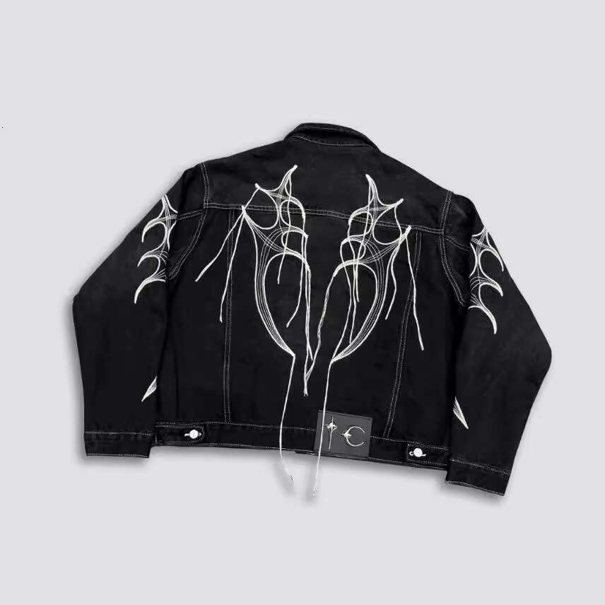 24FW Thug Club Tribal Tree Beard Line Embroidery Korean Vibe Style Loose Jeans Jacket for Men