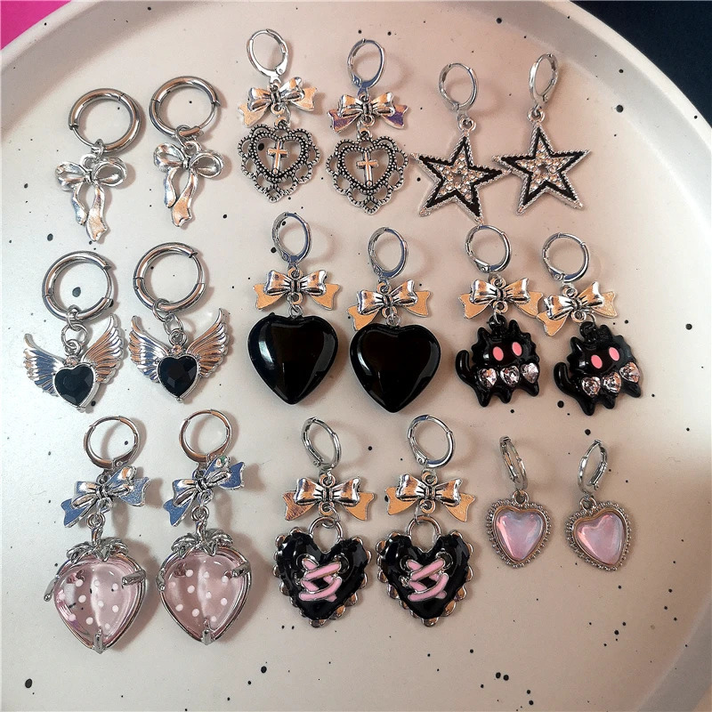 Goth Vintage Cute Bowknot Pink Strawberry Heart Star Pendant Earrings Egirl Gothic 2000s Y2K EMO Rave Jewelry Scene Accessories 250812