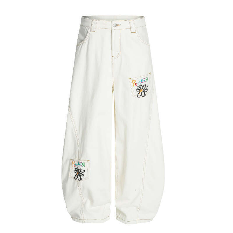Trendy Floral Graffiti Cargo Multi-Pocket Design Wide-Leg Scimitar Unisex Versatile Neutral White Casual Long Pants B5