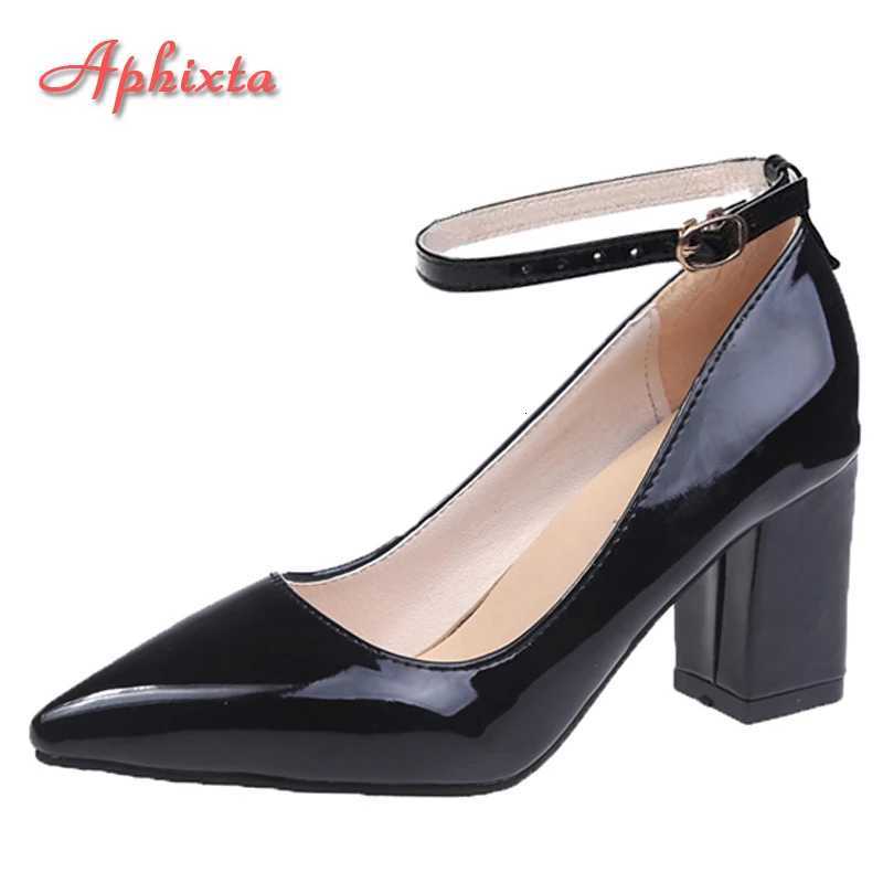 Aphixta New 2.75Inch Pimp Buckle Patent Leather Shoes Women Pumps Leisure Red Fashion Official Pointed Toe Plus Size 50 W250814