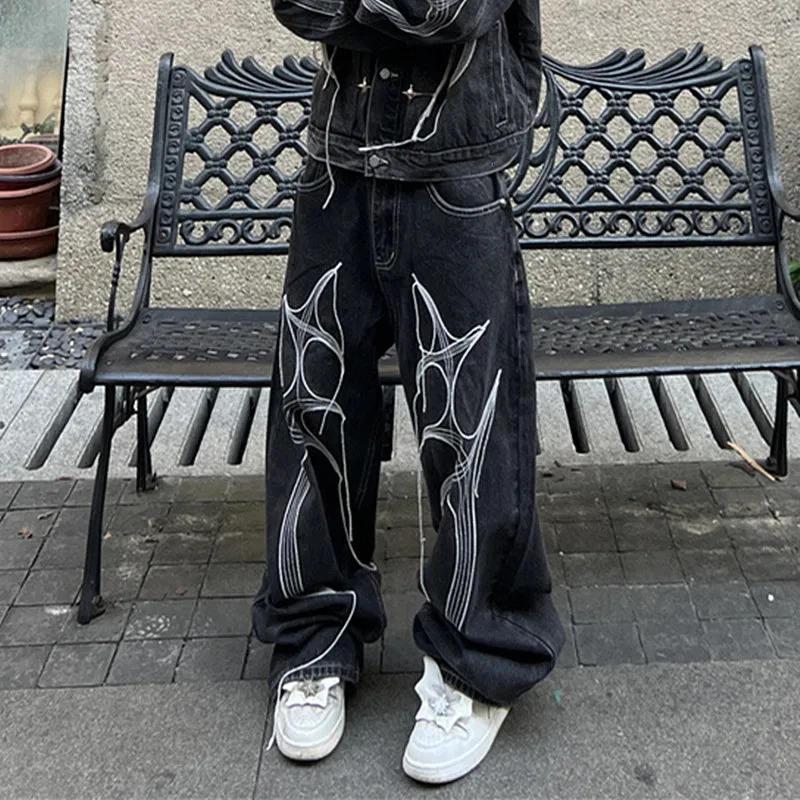 Cyber Y2K Streetwear Wing Embroidery String Stacked Baggy Jeans Pants For Men er Clothes Rock Black Long Trousers 250813