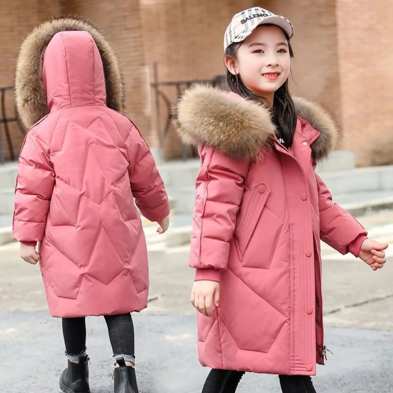5-12 Years Girls Fur Collar Long Down Cotton Jacket Winter Keep Warm Coat Hooded Zipper Outerwear Christmas Kid Teenager Clothes 250813