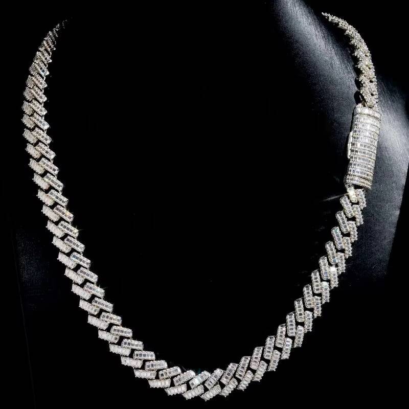 Hip Hop 925 Sterling Silver Mens Womens Iced Cuban Link Chain VVS Moissanite Baguette Passd Diamond Tester Moissanite Necklace