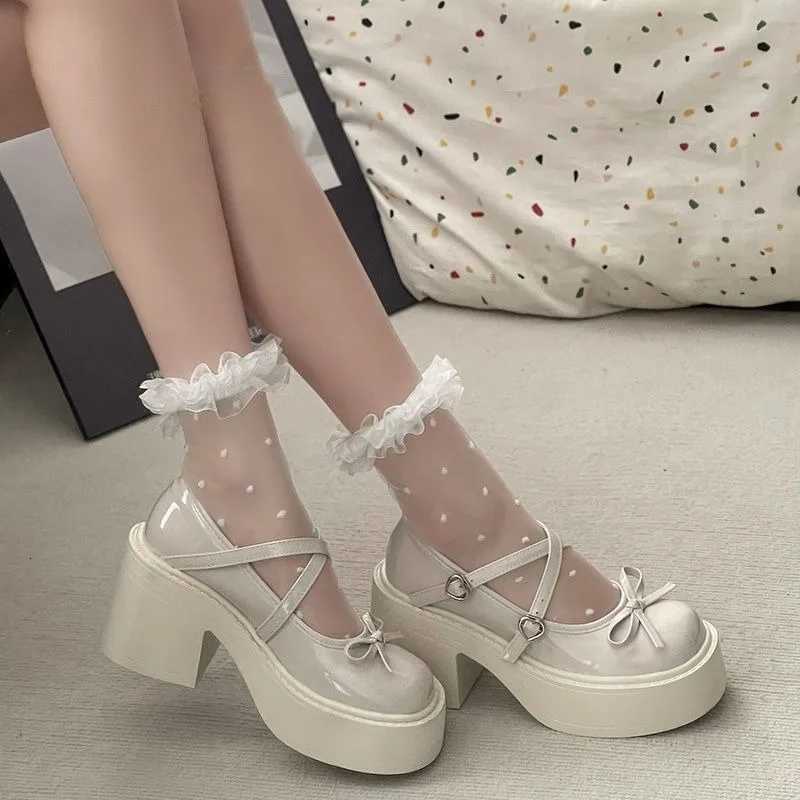 Womens Spring Round Toe Pumps Chunky Heel Mary Janes Shoes Platform Shoes for Women Dress Students Womens Lolita Heeled Shoes W250814