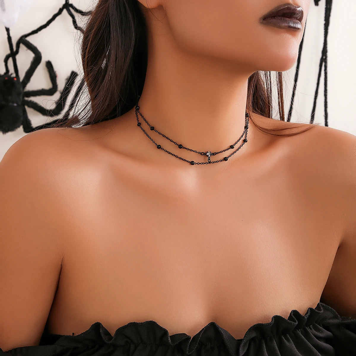Multilayer Gothic Black Thin Chain Zircon Choker Necklace for Women Vintage Simple Clavicle Link Halloween Jewelry Accessories 250811