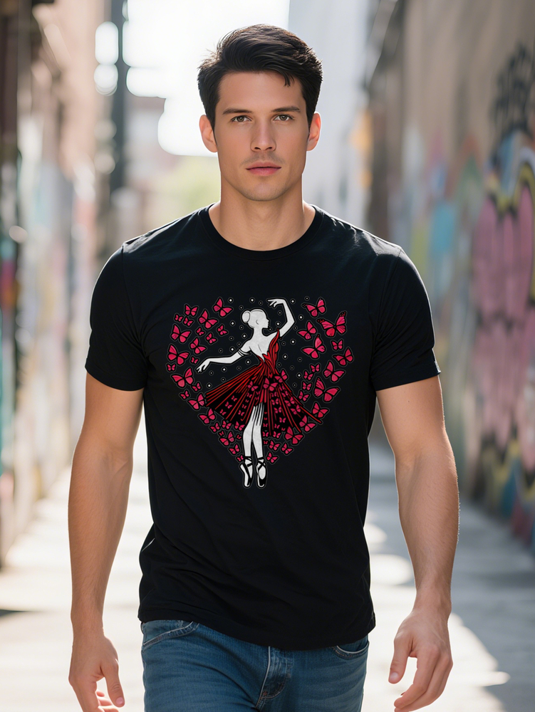 Men s Casual Crew Neck T Shirt with Ballet Dancer Red Heart Floral Print Black Summer Graphic Tee Breathable