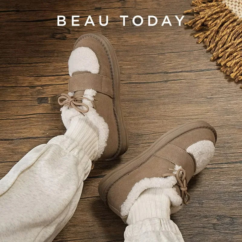 BEAUTODAY Furry Flats Women Cow Suede Round Toe Solid Color Hook Loop Lace-Up Winter Ladies Warm Shoes Handmade 27843 250809