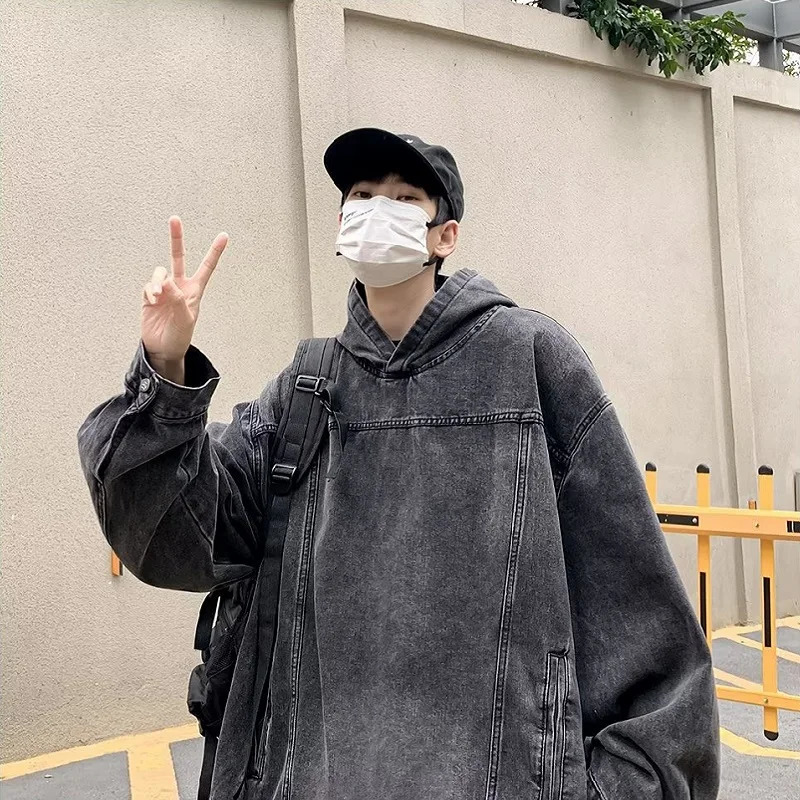 American Washed Retro Denim Hoodie Mens Sense Hooded Y2k Harajuku Autumn And Winter Fashion Trend Heavy Oversize Coat 250813