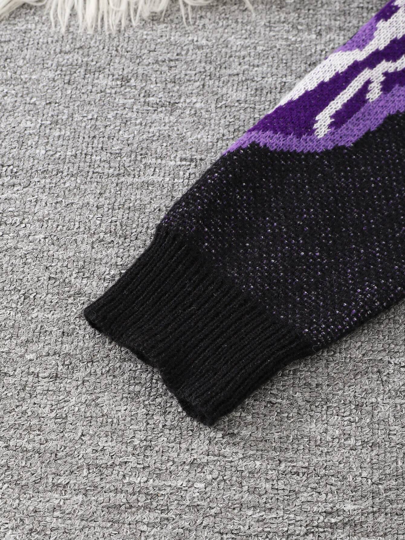 New Popular Spring And Autumn Bone-Shaped Butterfly Jacquard Pattern Pullover Sweater Casual Round Neck Contrast Color Knitted M