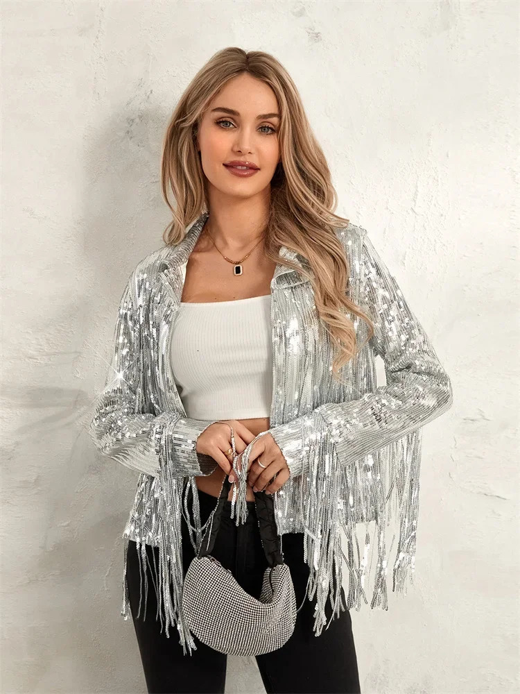 Women Sequin Jackets Fashion Tassel Sparkly Long Sleeve Lapel Open Front Coats Y2K Blazer Gothic Grunge Punk E Girl Outerwear 250813