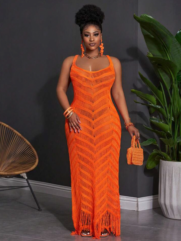 Leisure and fashionable summer sleeveless hollow transparent vacation dress