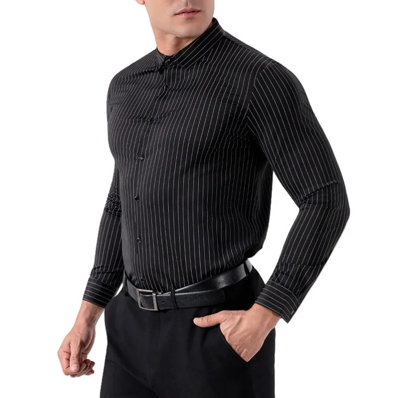 Spring Elastic Striped Shirt Mens Business Casual Shirt No Iron Long Sleeved Seamless Shirt Dress Shirts Basic Tops 250813
