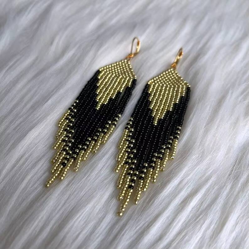 Exaggerated Handmade Bohemian Beaded Hoop Long Tassel Earrings