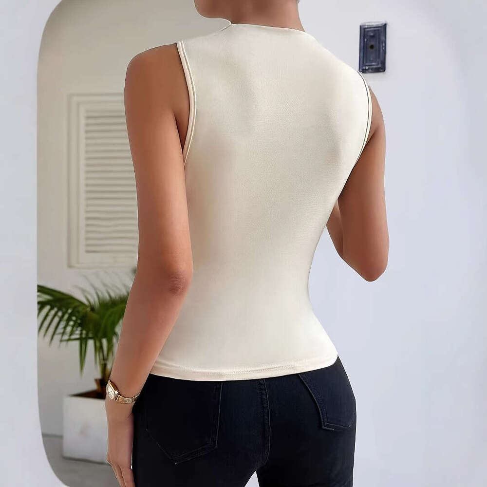 European 2025 Spring Summer New Fashion Versatile designer t shirt Solid Color Ruched Sleeveless Pullover Half High Neck T-Shirt