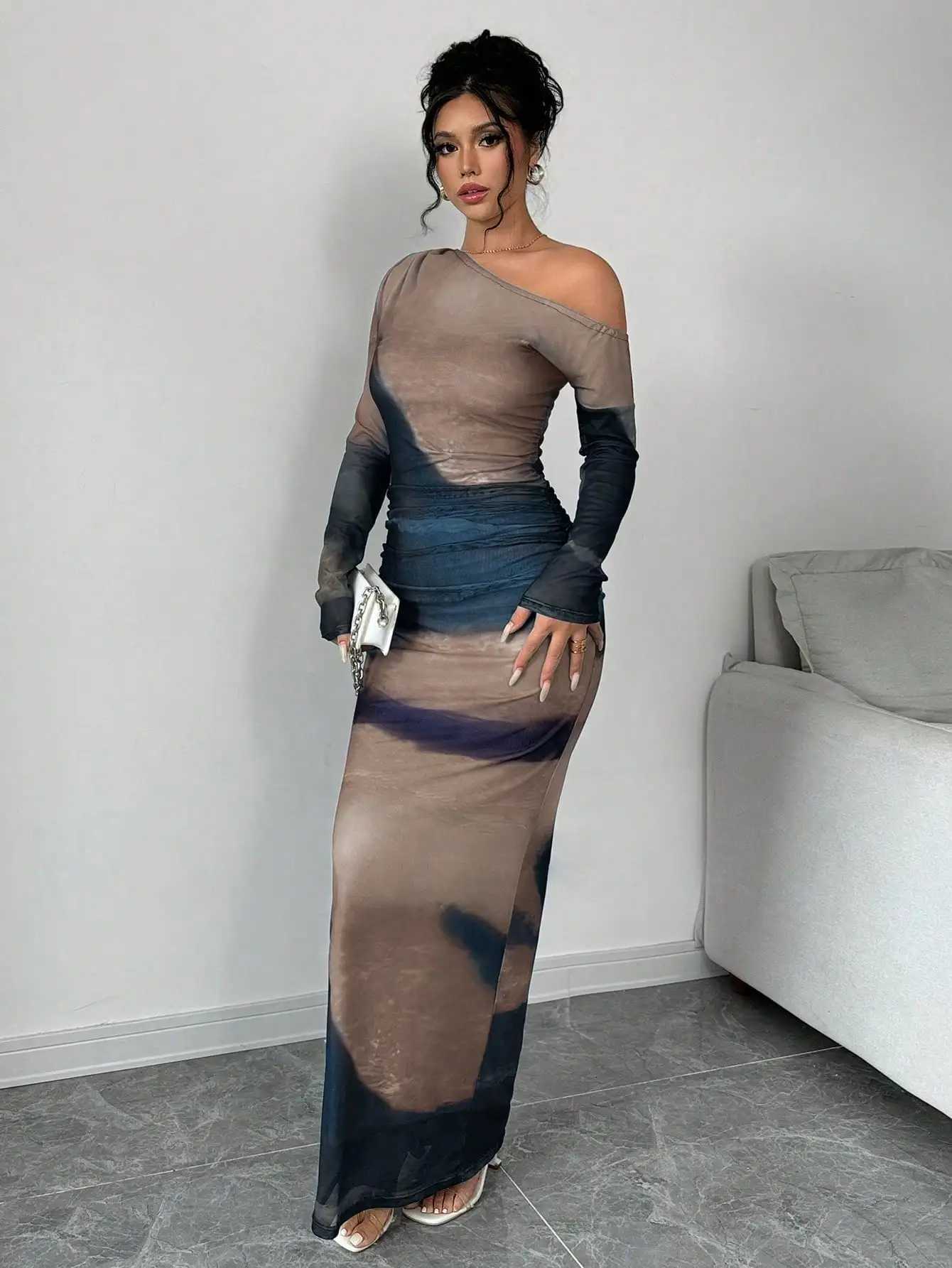 Long Tie-Dye Green Foldover One Shoulder Pleated Bodycon Maxi Dress Women OutfitXJ250814