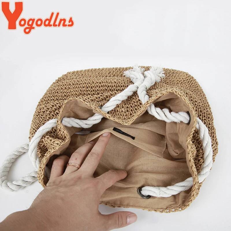 Yogodlns New Summer Women Straw Backpack Handmade Beach Drawstring Knapsack Knitted Crocheted Shoulder Travel Bag high-quality