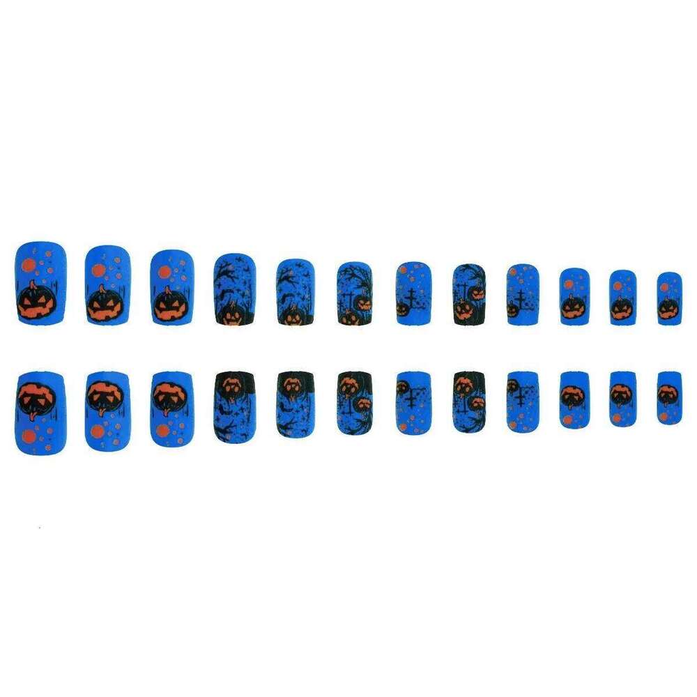 24pcs Halloween Blue Frosted Fake Long Ballet Ghost Pumpkin False Design Press On Nails Square Horror Artificial Nail X250814