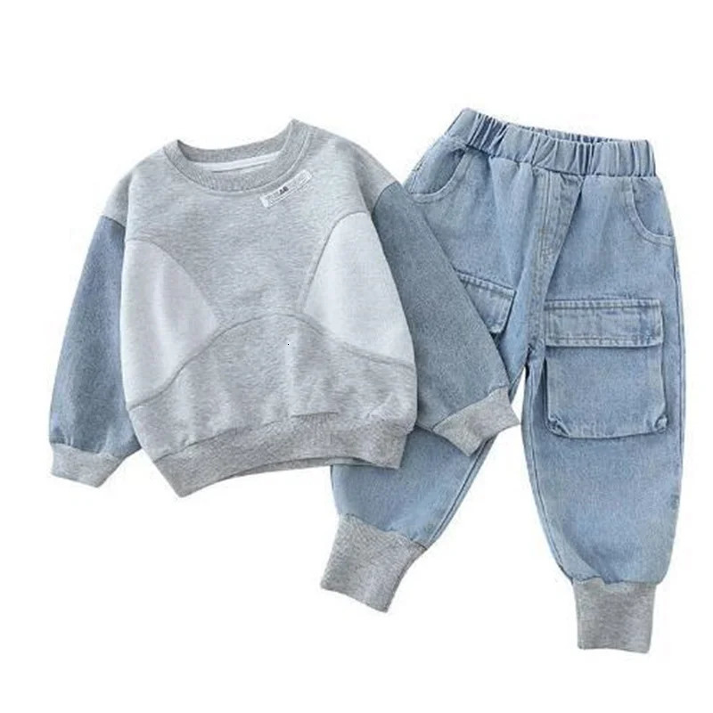 Baby boy clothes set light blue solid color street fried cowboy two-piece fashion long sleevedenim sweatpants clothes. 250813