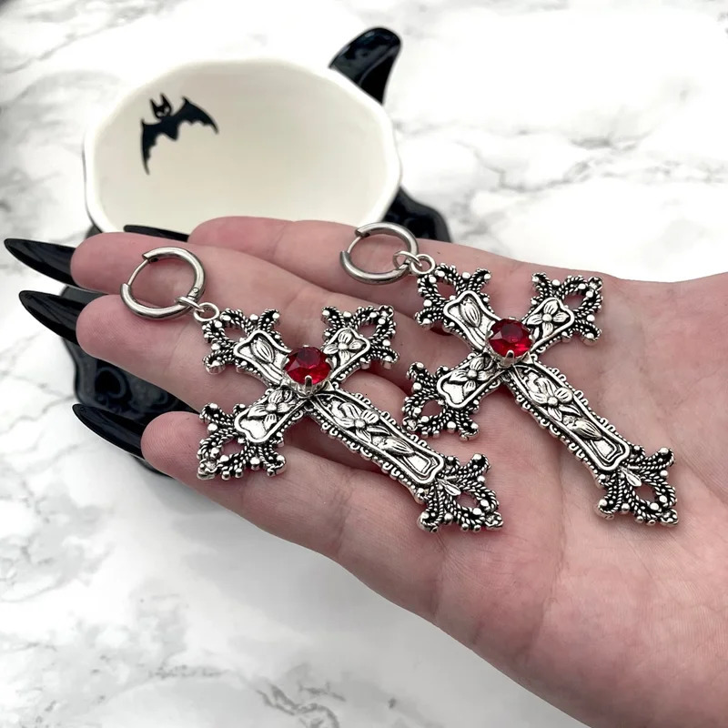 Gothic Large Silver Colour Tone Jewel Cross Earrings with Black Punk Hallowmas Jewellery Gorgeous Wedding Statement Women 250812