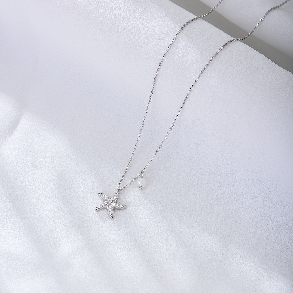 S Pure Sier Simple Full Dia Starfish Pentagram Short Clavicle Chain Pearl Necklace for Women with Unique Design and Light Jewelry for Women