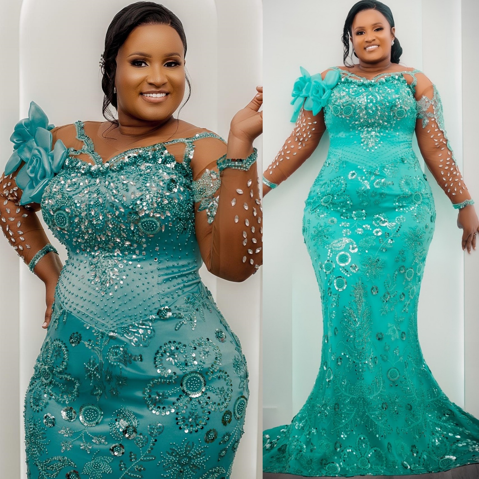 Turquoise Mermaid Prom Dresses 2025 Flowers Crystals Sequined Evening Formal Party Second Birthday Engagement Gowns Plus Size Dress For Special Occasi