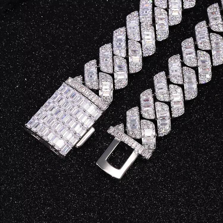 Hip Hop Fine Jewelry 925 Sterling Silver Baguette GRA Moissanite Diamond Cuban Chain Necklace for Rapper Men