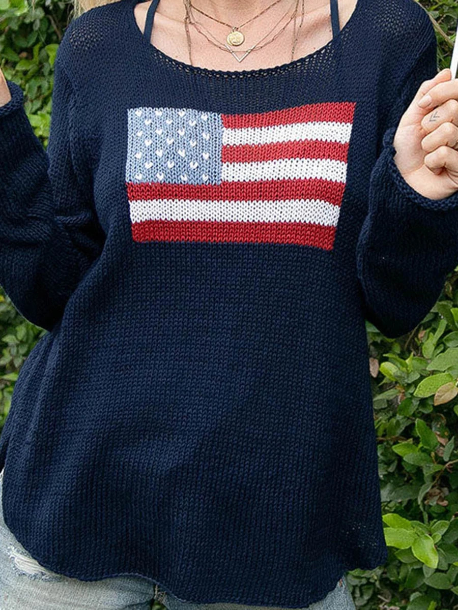 Women s Spring Autumn Knit Sweater Long Sleeve Crewneck Flag Print Loose Fitting Knitwear 250808