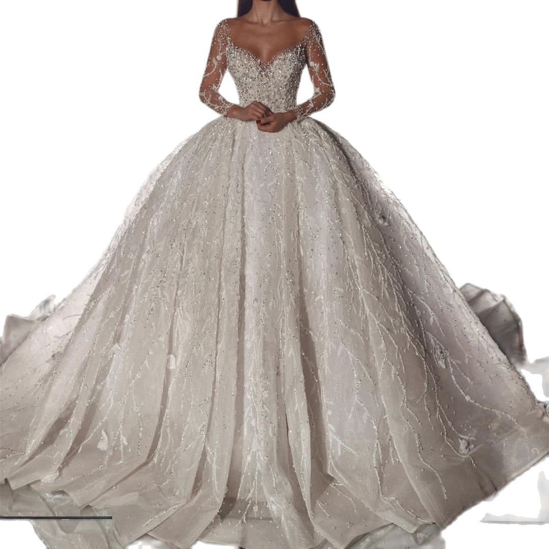 Ball Gown Wedding Dresses Long Sleeves V Neck Sequins Appliques Beaded Sparkly Ruffles Formal Bridal Gowns Zipper Plus Size Custom Made Vestido De Nov