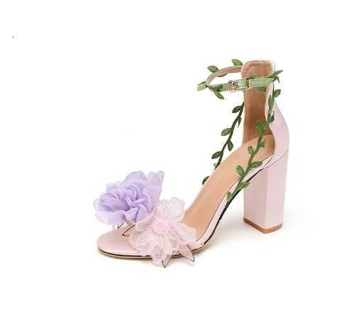 2024 Wedding Shoes New Pink Countryside Chiffon Flower Fantasy High Heels Straight Vine Strap Sandals for Women W250814