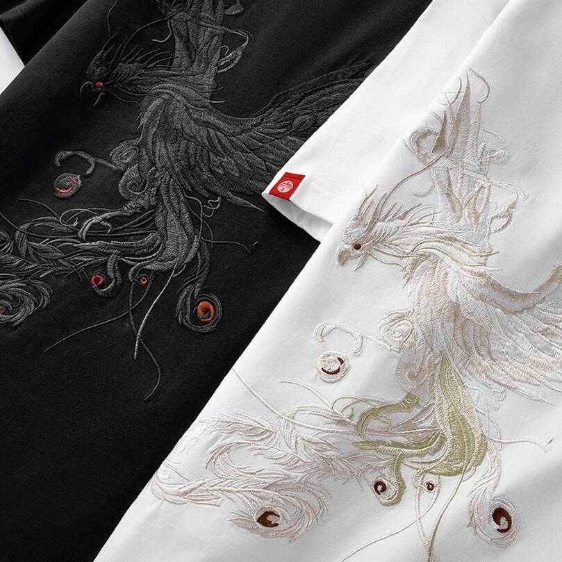 2025 Summer Cotton Trend Oversize Short Sleeve T-Shirt Men's National Chinese Style Tshirt Men's Phoenix Embroidery Top Tee Z1