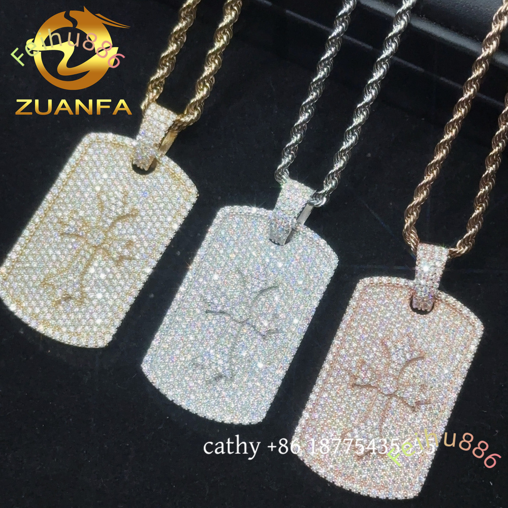 925 Solid Silver Moisssanite Tag Cross Pendant Hip Hop Jewelry Iced Out Moissanite Pendant With Stainless Steel Rope Chain