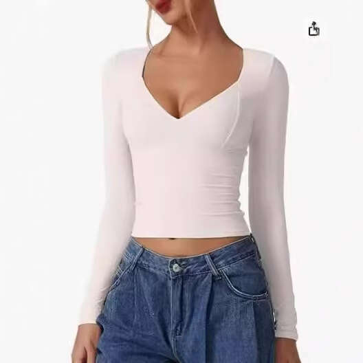 designer t shirt Premium Women's Long Sleeve V-Neck T-Shirt Double Lined Crop Top with Seam Cover Cups