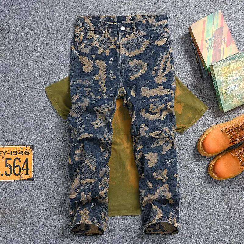 Mosaic Jacquard Embroidery Retro Jeans Men's Fashion High end Loose Straight Tube Trendy Printed Wide Leg Long Pants