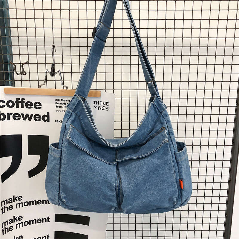 New Chic Personality Double Pocket Denim Crossbody Unisex Large Bags Designer Women Capacity Shoulder Bag Trendy Student Backpack