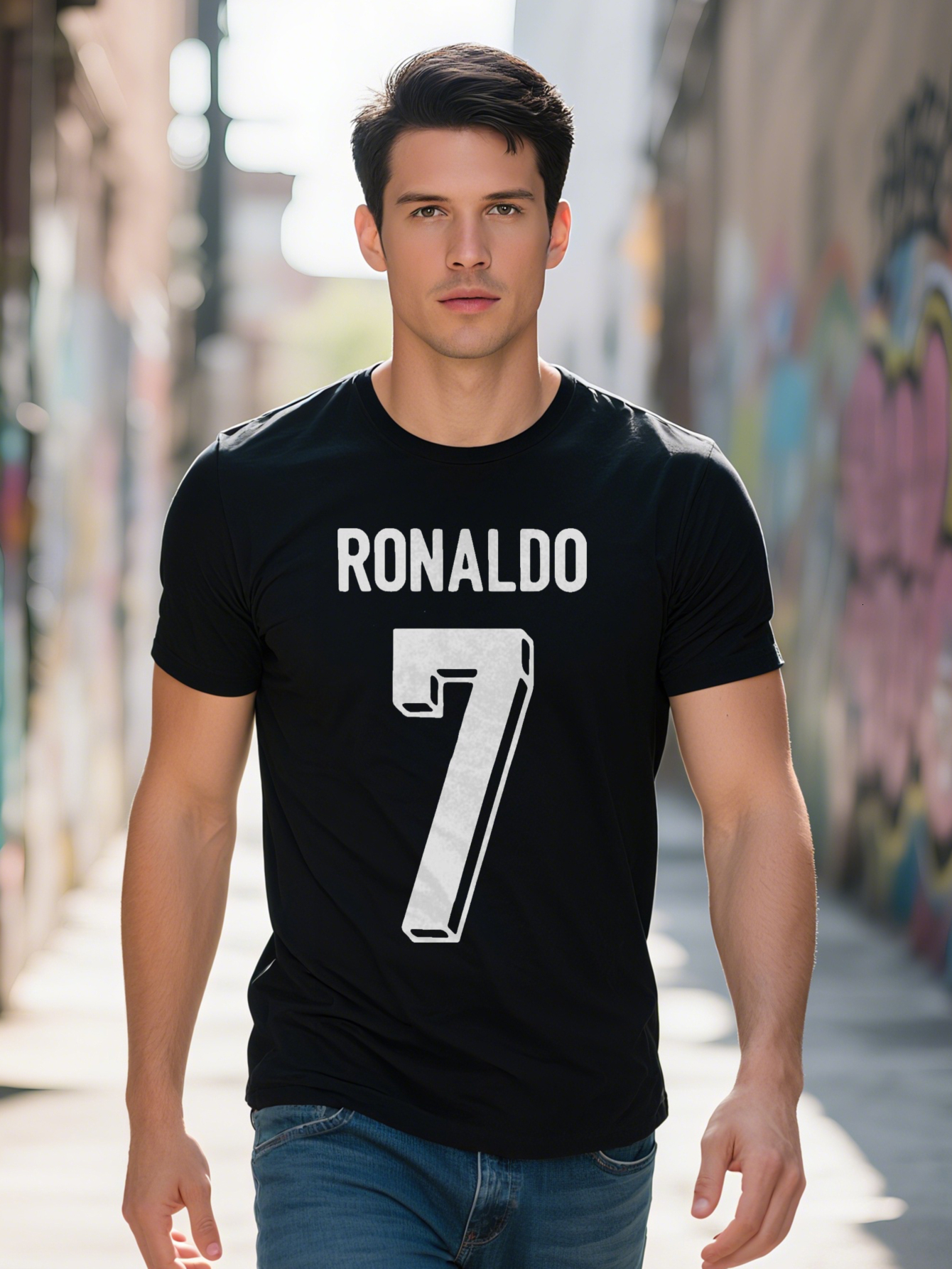 Men s Casual Short Sleeve T Shirt with Ronaldo Graphic Print Black White Soccer Inspired Breathable Round Neck