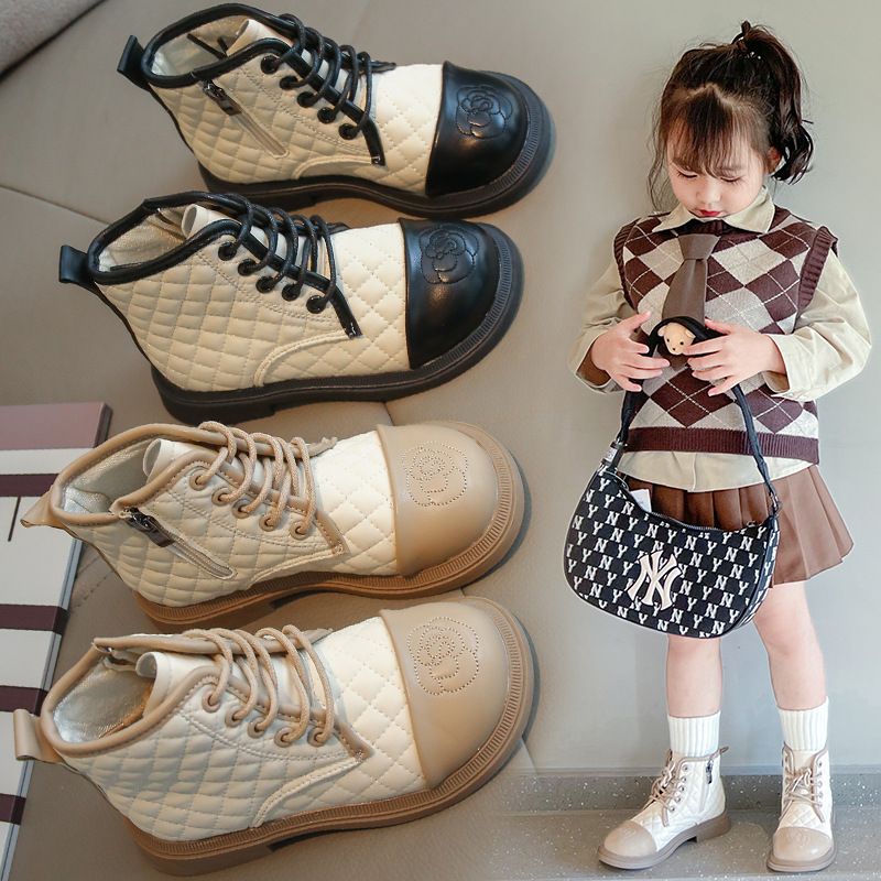Girls Boots Kids Fashion Rubber Boots Toddler Elegant Plaid Girl Fall Winter Side Zip Boots for Children Princess PU Leather Shoe Sizes US9C-US4Y 0003