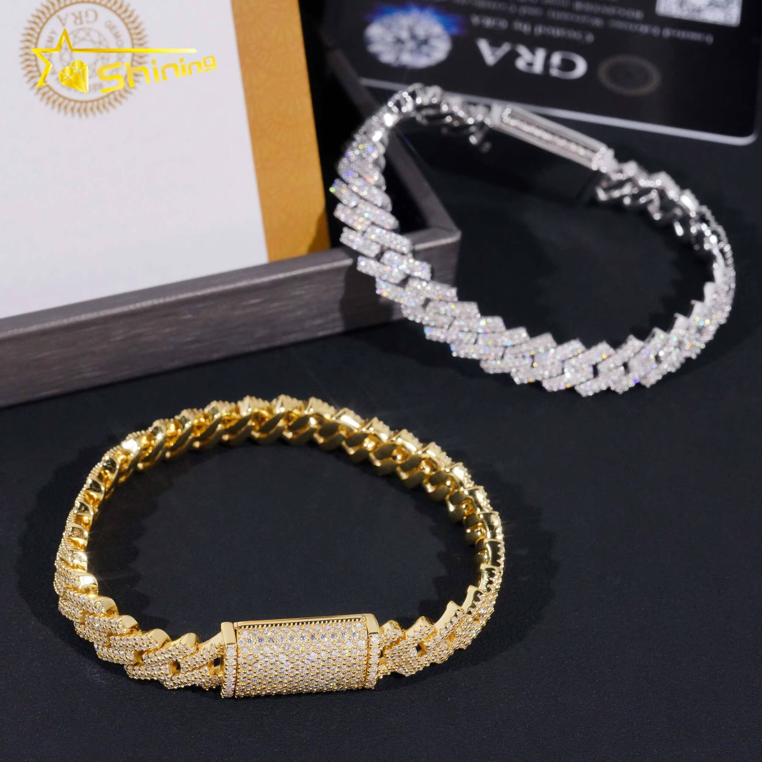 Factory Price 10mm Width 2Rows 925 Solid Silver Iced Out GRA Hip Hop Jewelry Moissanite Cuban Link Chain Bracelet Men