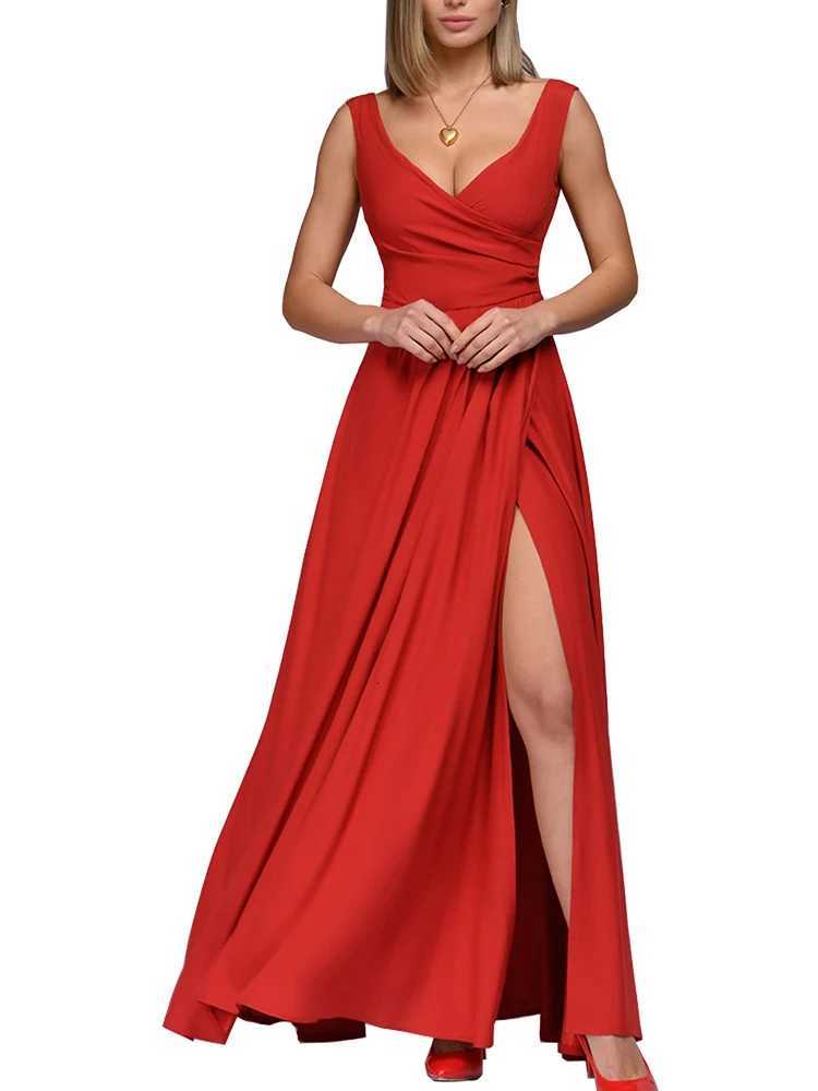 2024 Spring Summer Dress Women Sexy Deep V Neck Sleeveless Slit Maxi Dresses Fashion Ele Solid High Waist Party Dress XJ250814