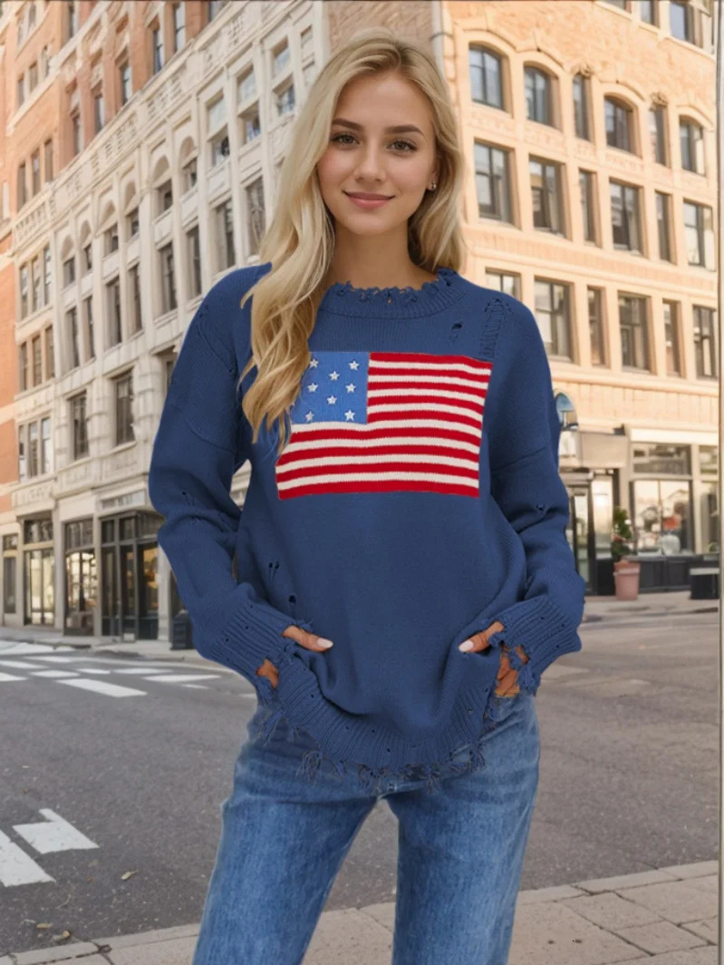 Womens Beige/Navy Blue America Flag Print Ripped Pullover Sweater Distressed Frayed Round Neck Long Sleeve Thick S-XL 250808