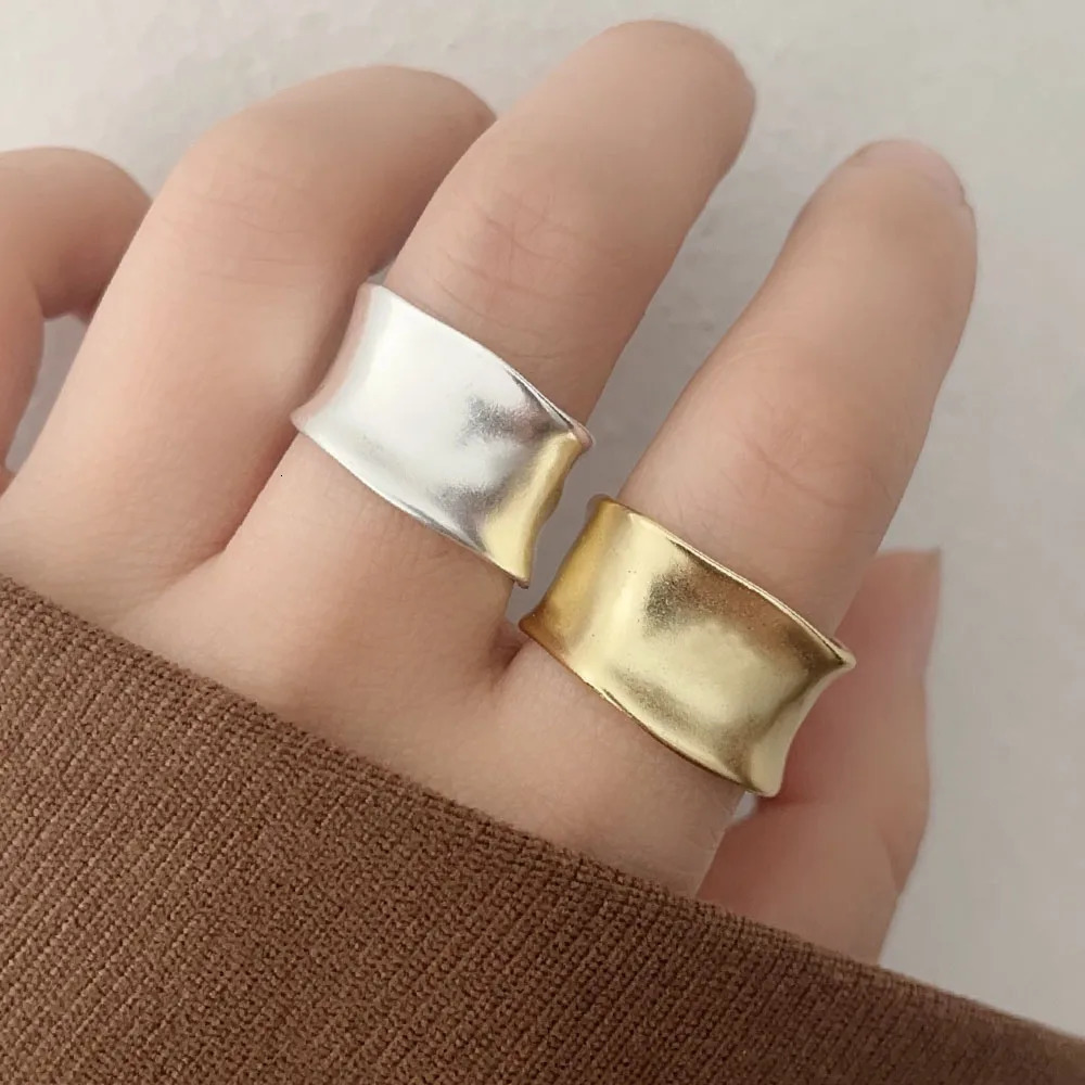 BF CLUB 925 Sterling Silver Rings For Women Simple Finger Open Vintage Gold Wide Flat Ring Allergy For Party Birthday Gift 250811