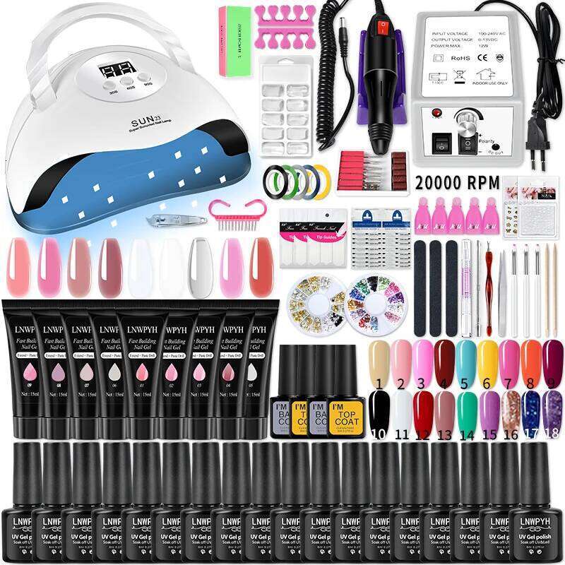 Polish Kit With 9Pcs Poly Extension LED Lamp Dryer 18 Colors Semi Permanent Gel Varnish Base&Top Coat Nail Tool Set