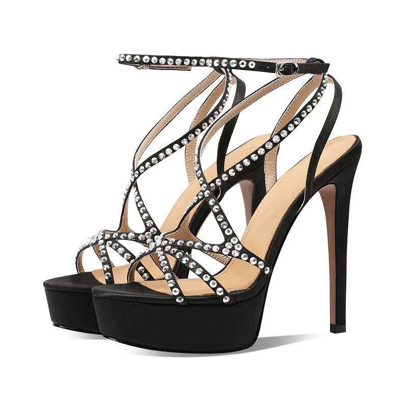 Arden Furtado 2025 Summer Silk Round Open toe Platform Super high heel Sexy Crystal word-cingulate Ankle Strap Sandals