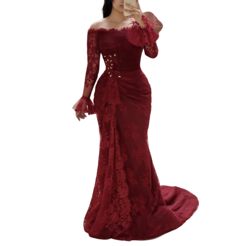 Elegant Aso Ebi Lace Mermaid Evening Dresses Long Sleeve Crystals Beaded Burgundy Prom Formal Occasion Gowns Pleats