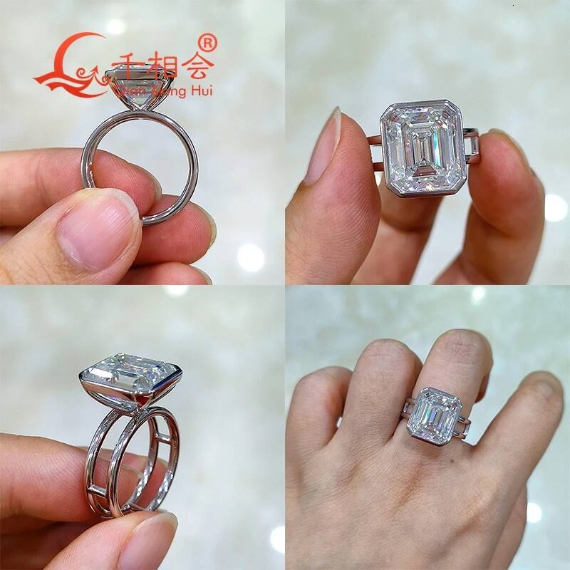 10x12mm 8ct Emerald Cut D white Moissanite Ring with Two Circle Design 925 Sterling Silver Jewelry Gift for Wedding