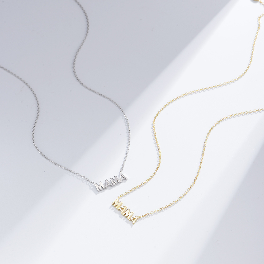 S Pure Sier Electroplated 14K Smooth Mama Letter Pendant Mother's Day Necklace for Women Ins Style Simple Collarbone Chain Jewelry for Women