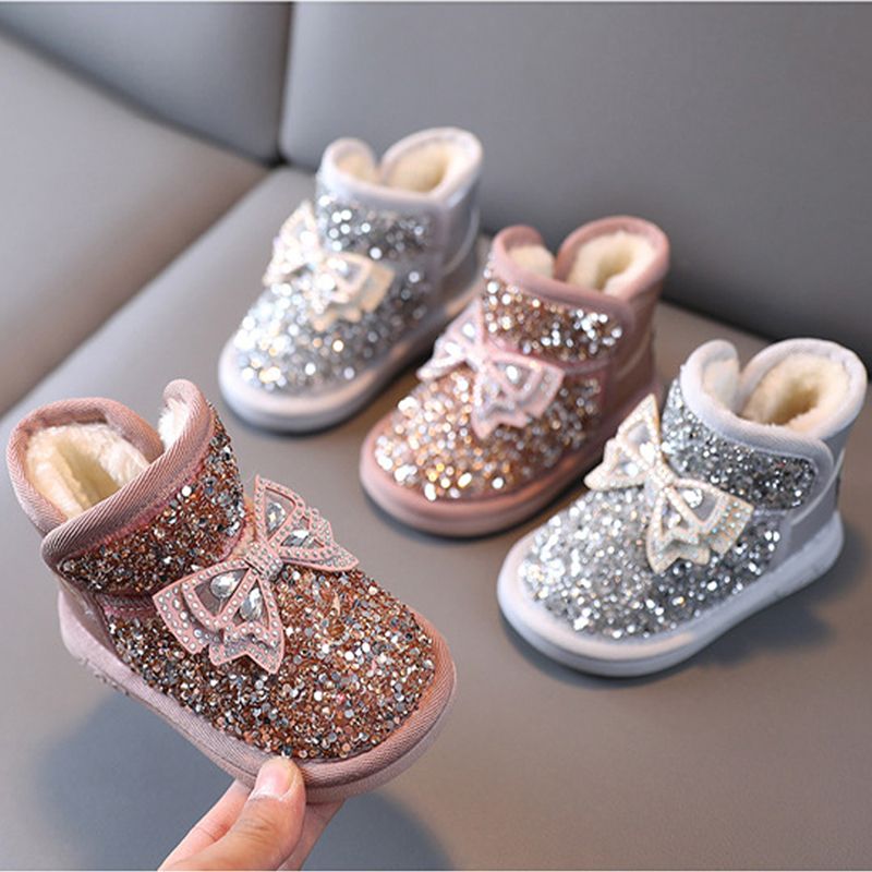 Girls Snow Boots Rhinestone Sequins Kids Fashion Winter Boots Kidsnest Princess Child Winter Cotton Plush Glitter Toddler Boots with Bow Classic Size 